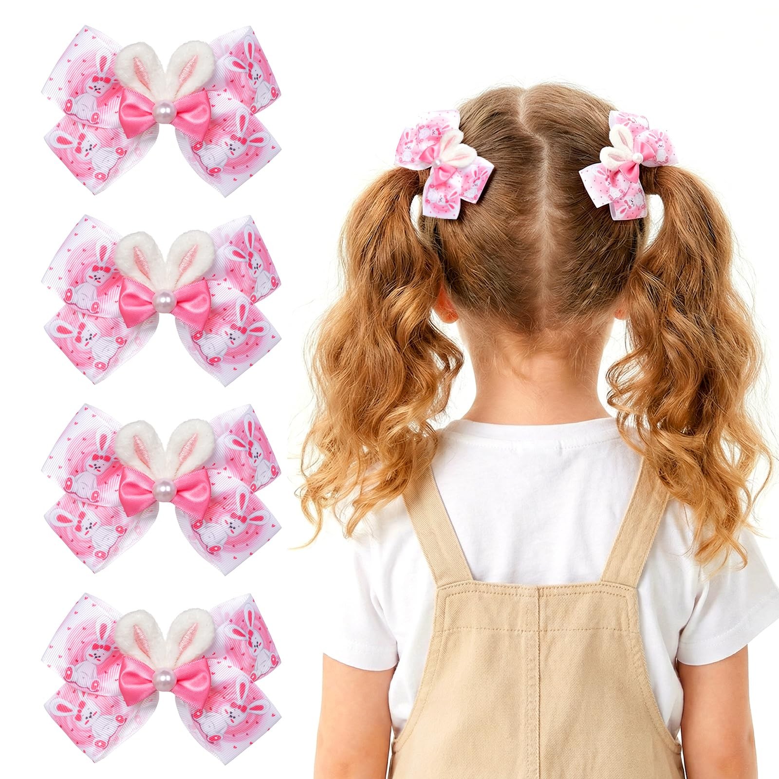 4 PCS Easter Hair Bows 4.7 Inch Pink Clips Bunny Ears Toddlers Kids Spring