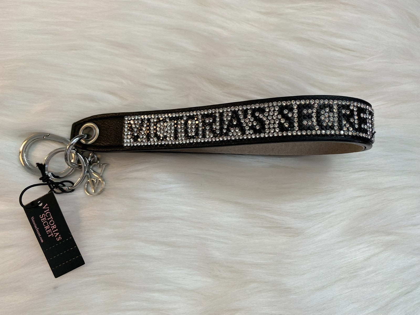 VICTORIA’S SECRET Slim Rhinestone Shine Sparkle Wristlet Keychain in Black Logo