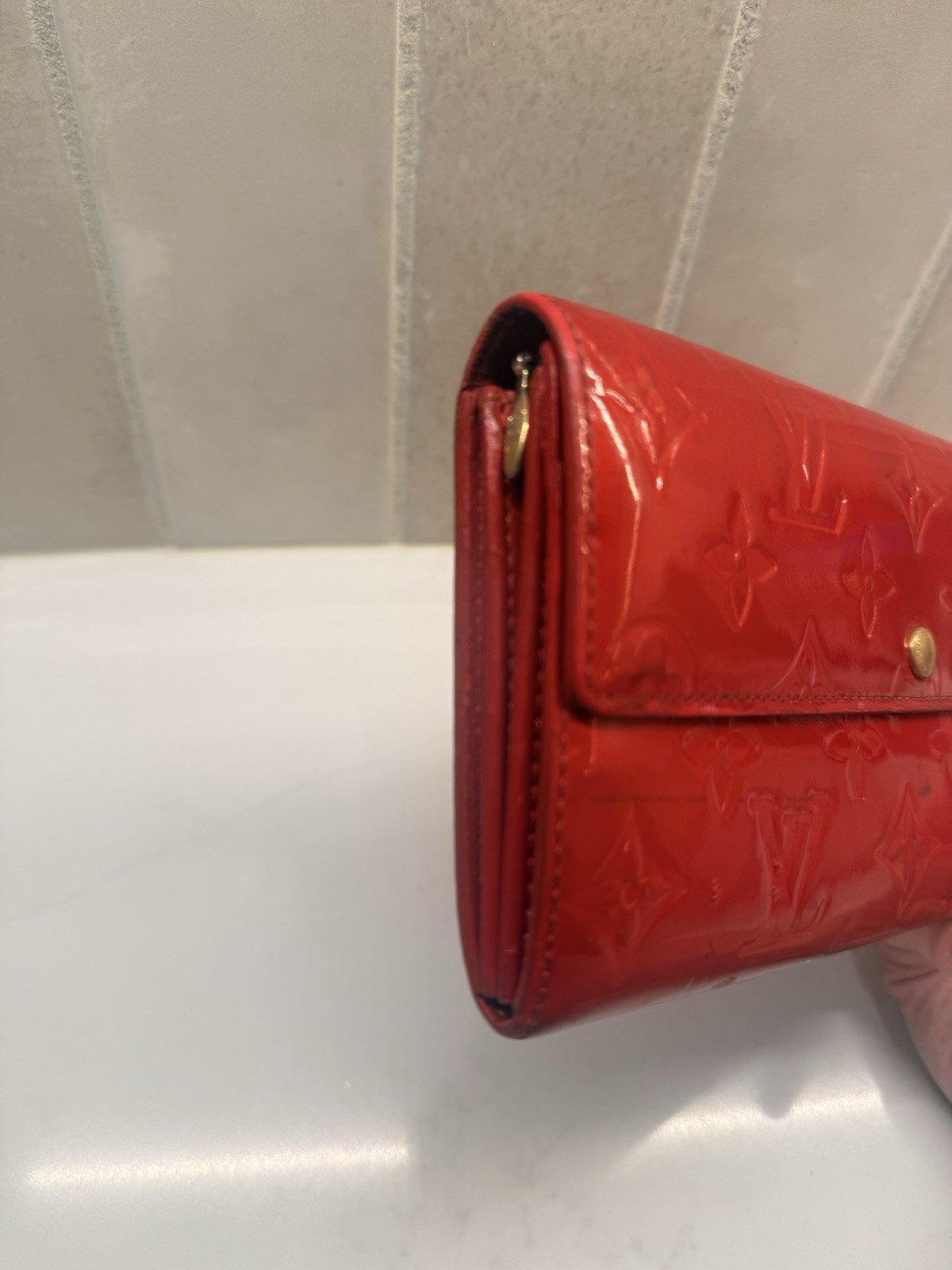Louis Vuitton Red Monogram Wallet w/ Chain Strap, Snap Flap, Zip Coin Pocket