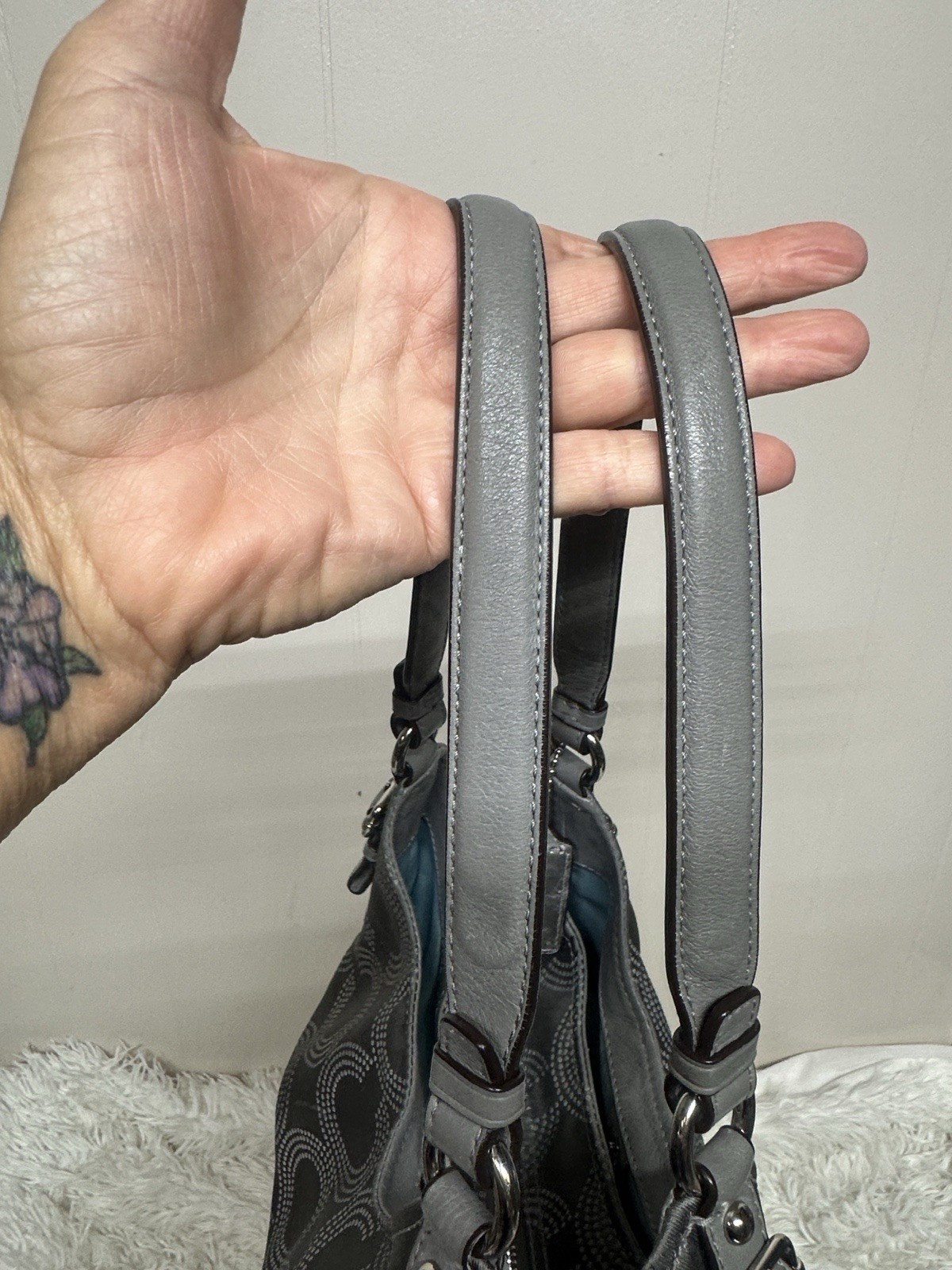 Coach Madison Maggie Dotted Op Art Gray & Silver Sateen Hobo Shoulder Bag