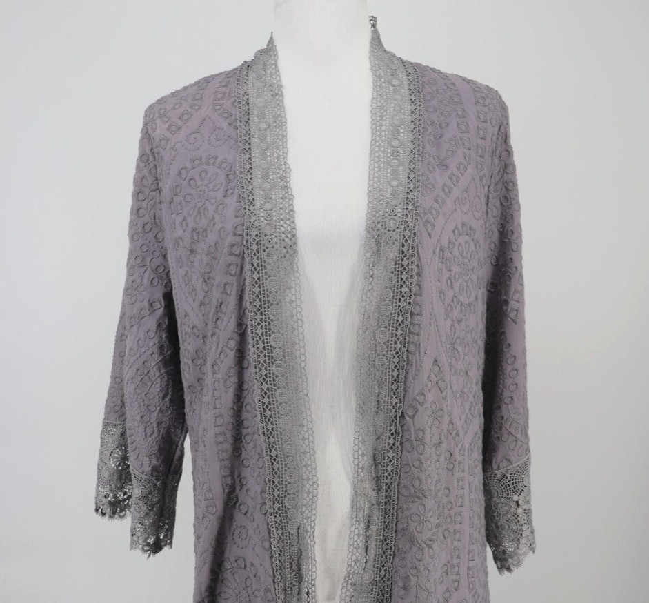 Paparazzi Long Cardigan Womens Large Gray Embroidered 3/4 Sleeve Open Jacket New