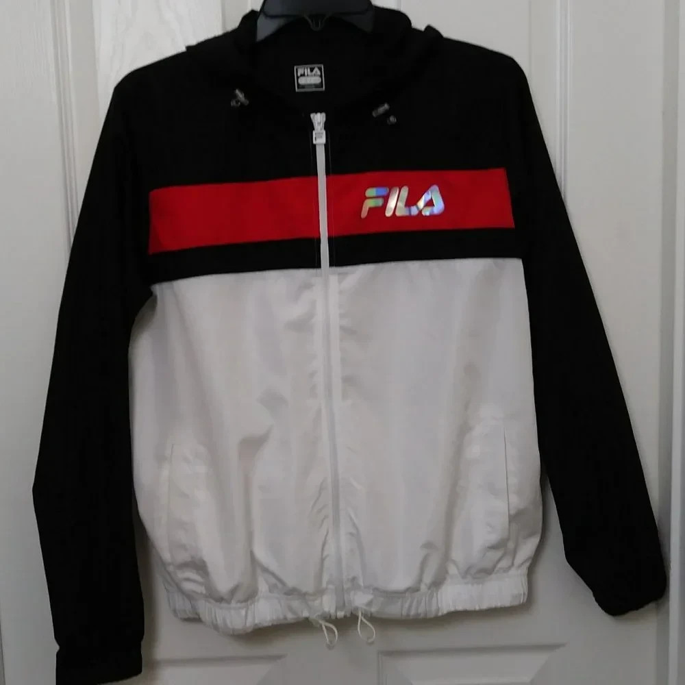 FILA Selma Windbreaker Hoodie Jacket Black White Red Zippered Women’s Size Small