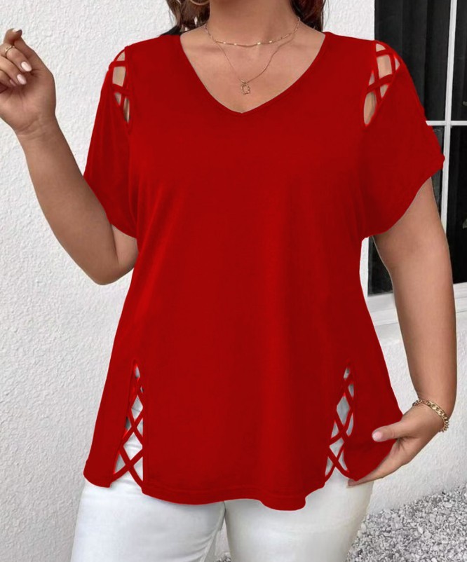 Plus Size V Neck Cutout Short Sleeve Tee Crisscross Casual Summer Top 0XL-5XL