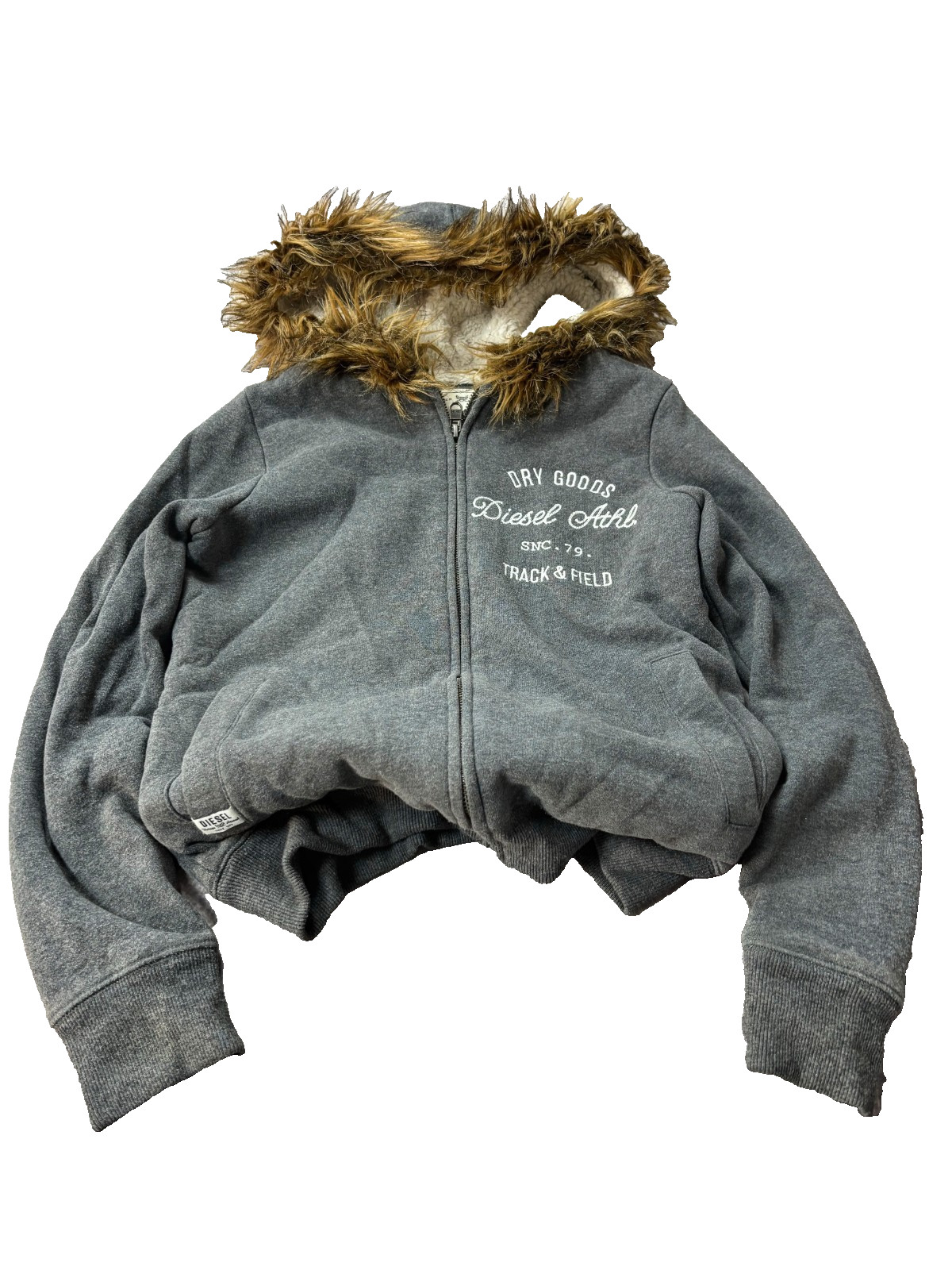 Diesel Y2K Fur Hood Zip Up Hoodie Sherpa Lined Cropped Jacket Grunge Streetwear