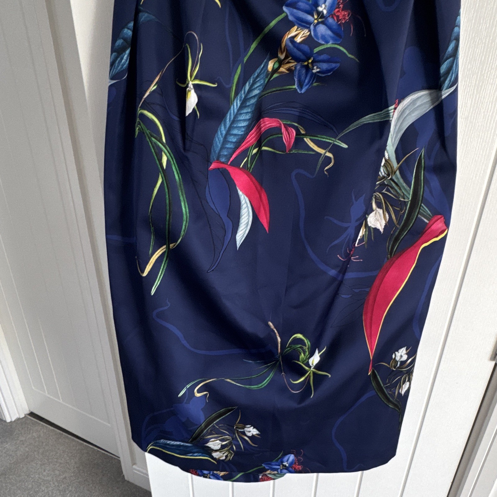 NEXT Navy Floral Satin A-Line Midi Lined Zip Skirt Tall UK 20