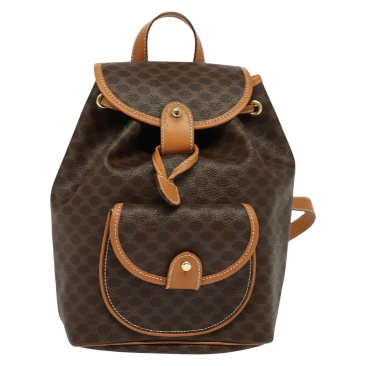 CELINE Macadam Canvas Backpack PVC Leather Brown Gold Auth yk19307