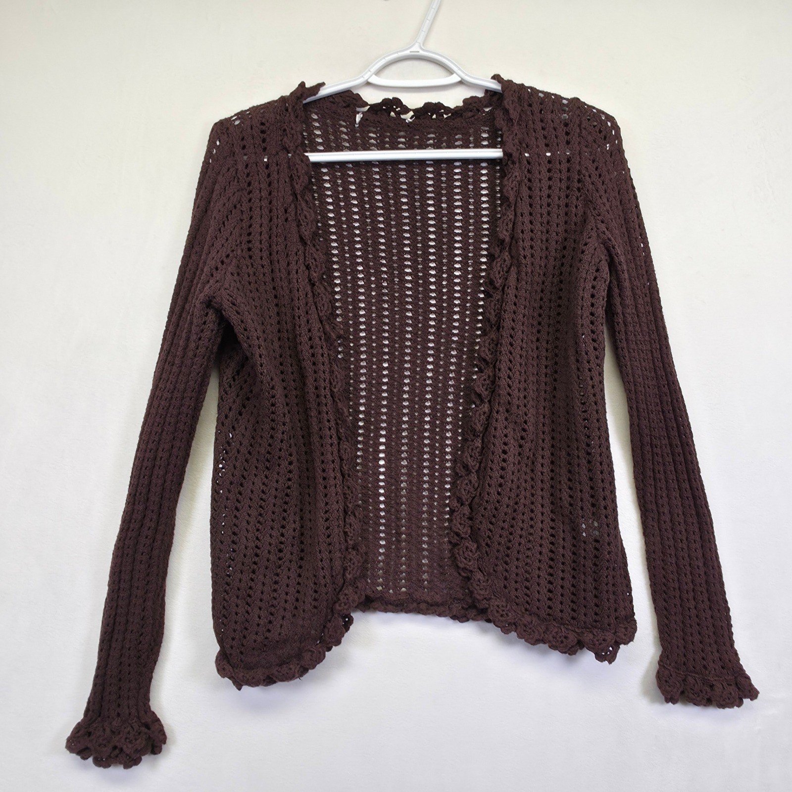 Crochet Knit Cardigan Womens L Brown Open Ruffle Ribbed Layering Lounge Sweater