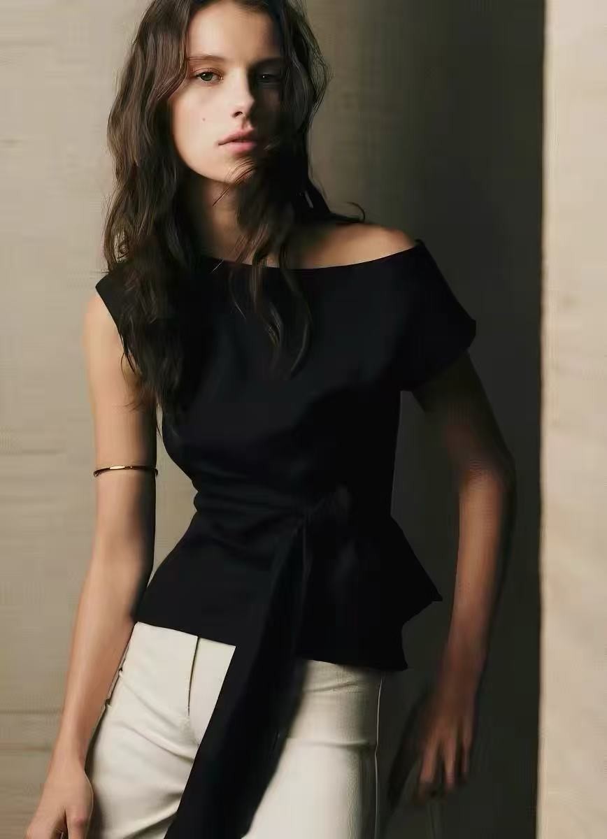 French SEZANE off shoulder lace up cinched linen top