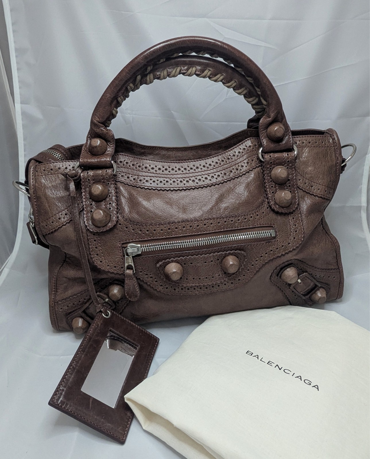 BALENCIAGA GIANT CITY BROGUE Hand/Shoulder Bag Noix Brown Mirror Excellent UC