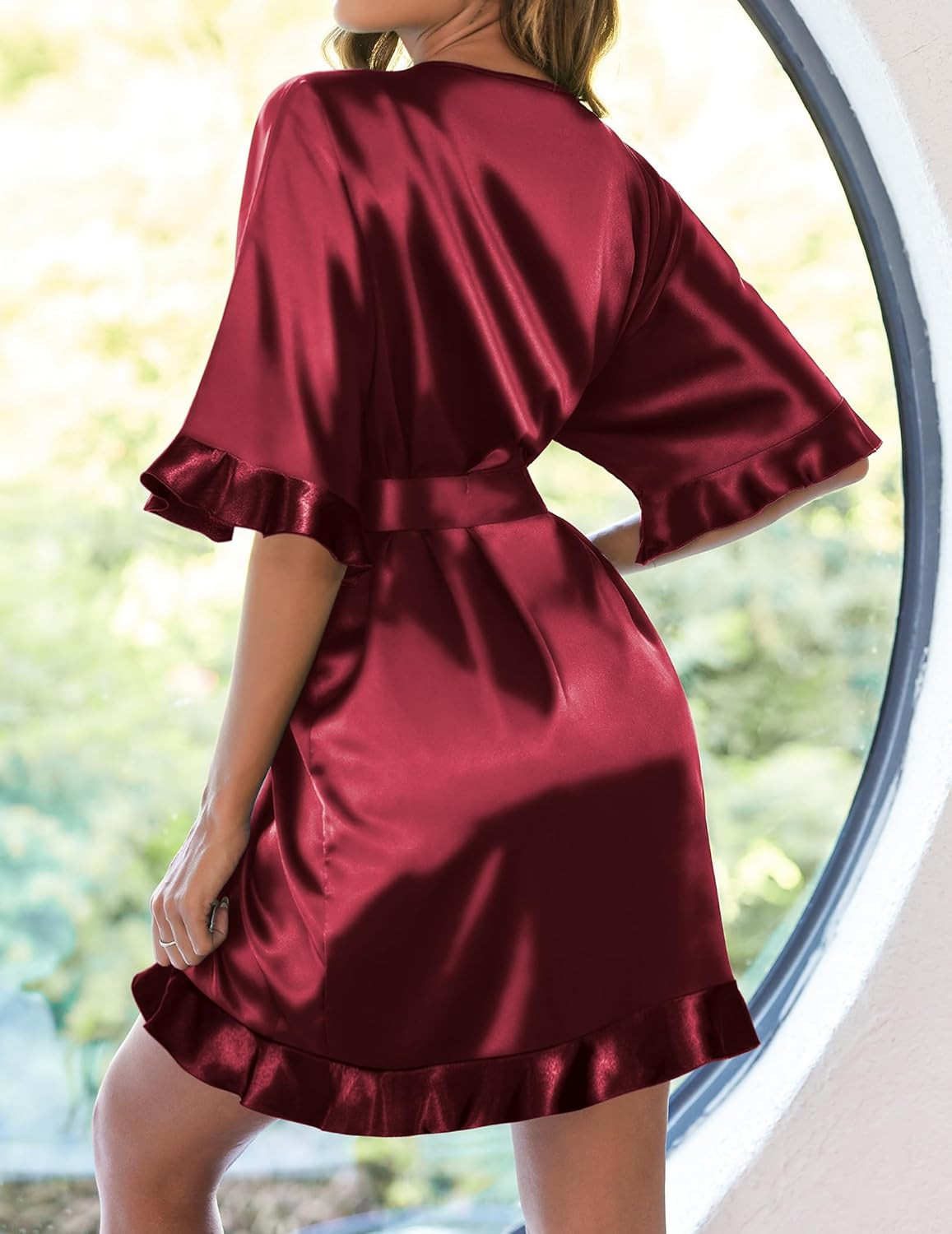 Womens Silk Ruffle Robe Short Satin Kimono Robe Half Sleeve Bathrobe Bridesmaid