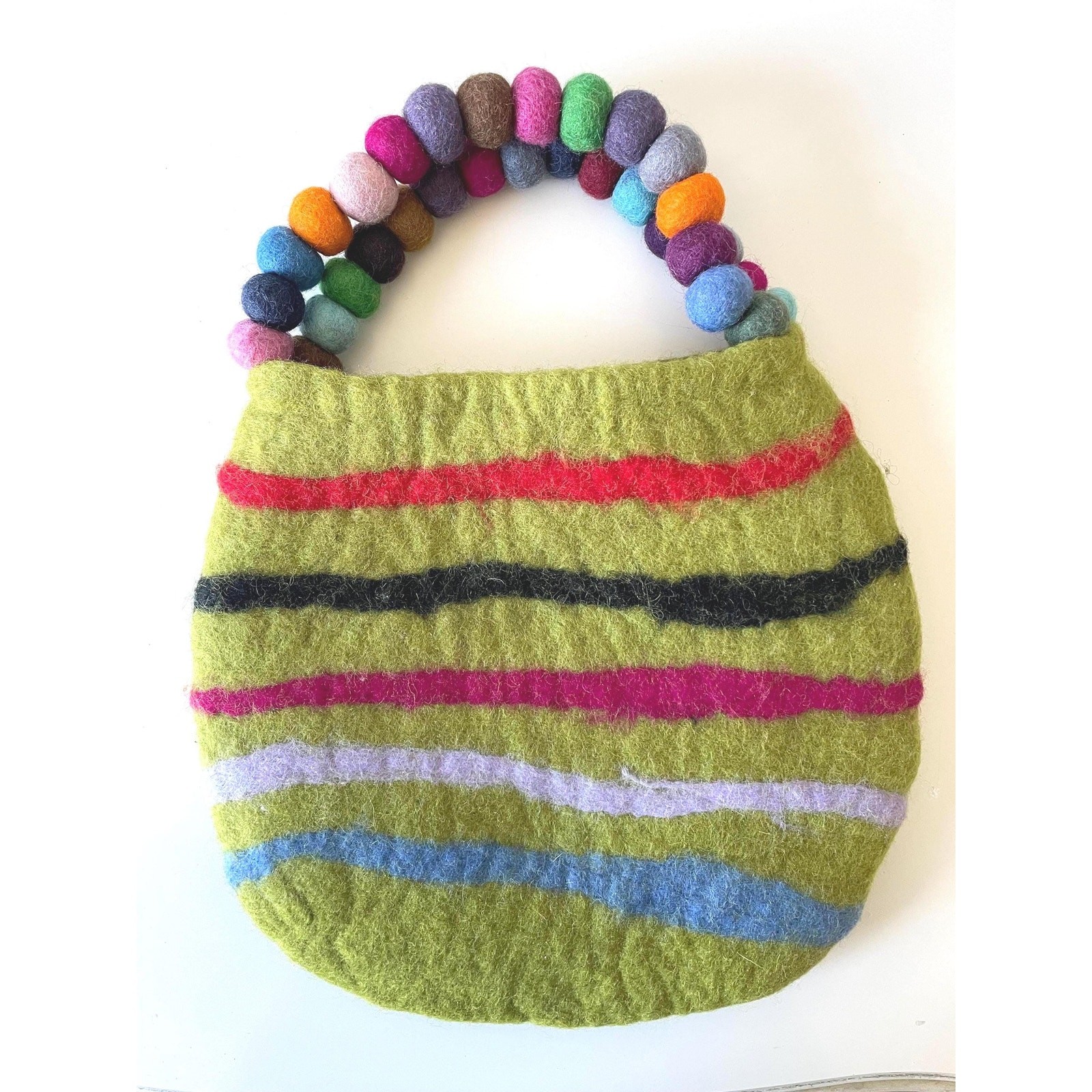 Rising Tide Wool Felted Bag Handmade Nepal Purse with Colorful Beaded Handle