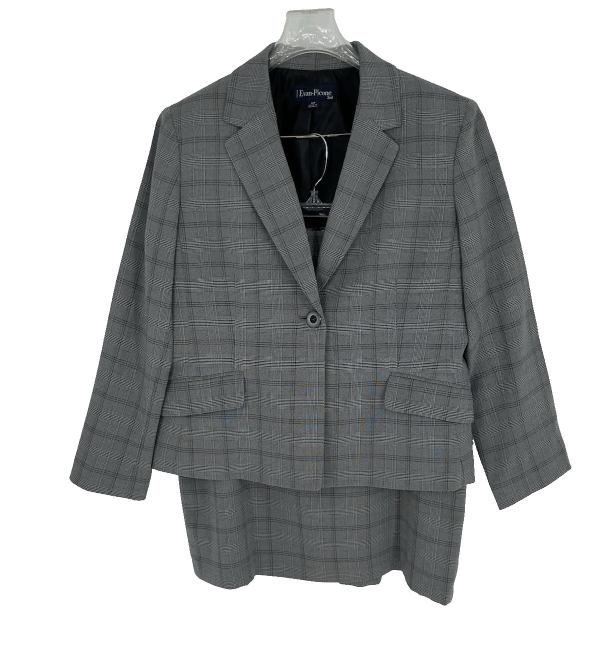 Evan Picone Womens 14P Skirt Suit Gray Window Pane Plaid Pattern One Button