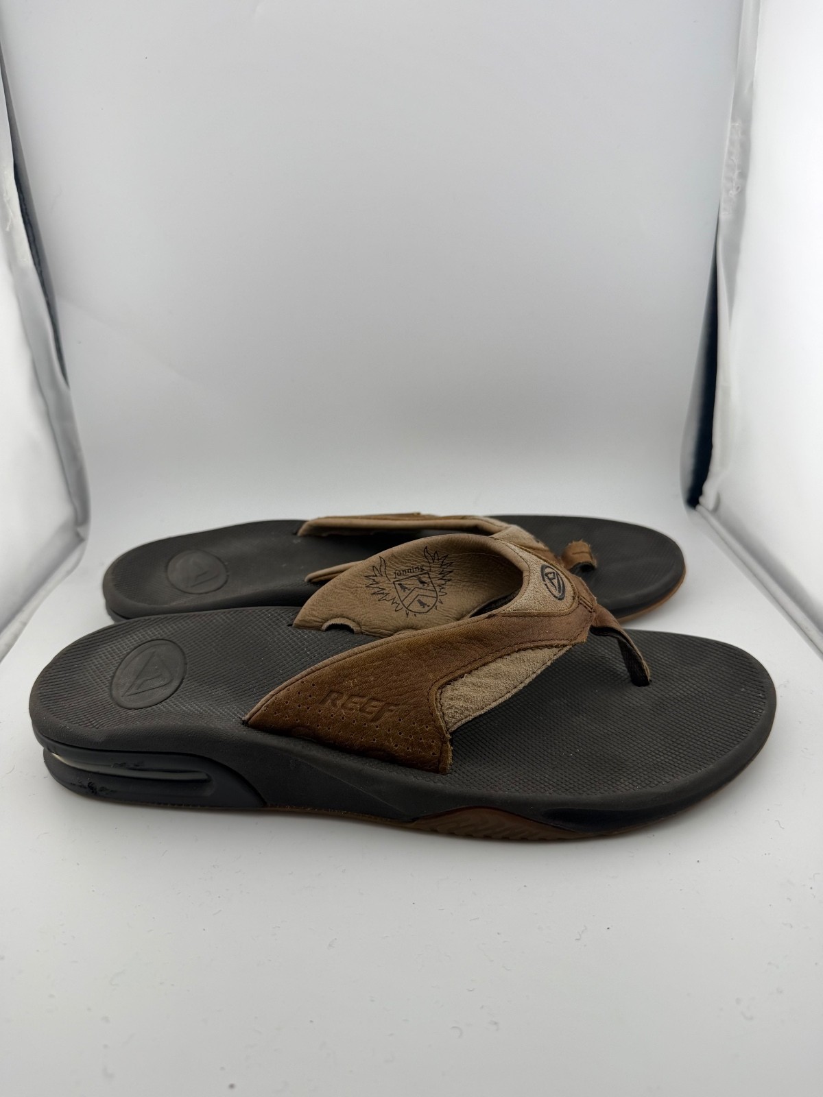 Reef Fanning Flip Flops with Bottle Opener, Brown Leather and Suede, Size 10