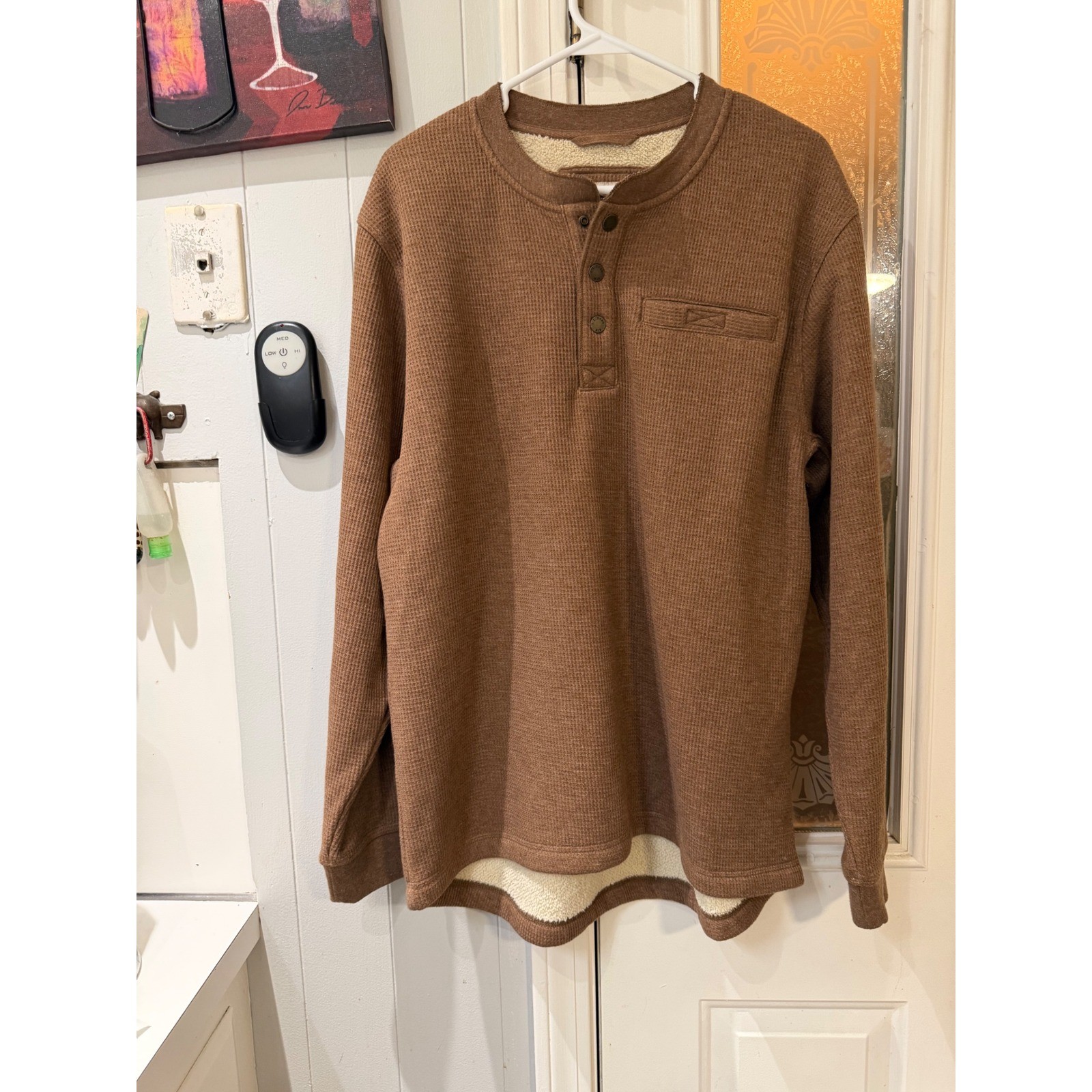 LL Bean Katahdin Iron Works Mens Brown Sherpa Lined Waffle Henley LG 298100