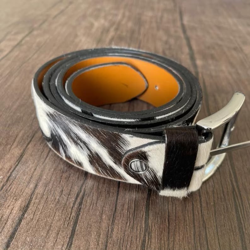 Western Cowhide Leather Belt Brown White Handmade Genuine Fur Buckle