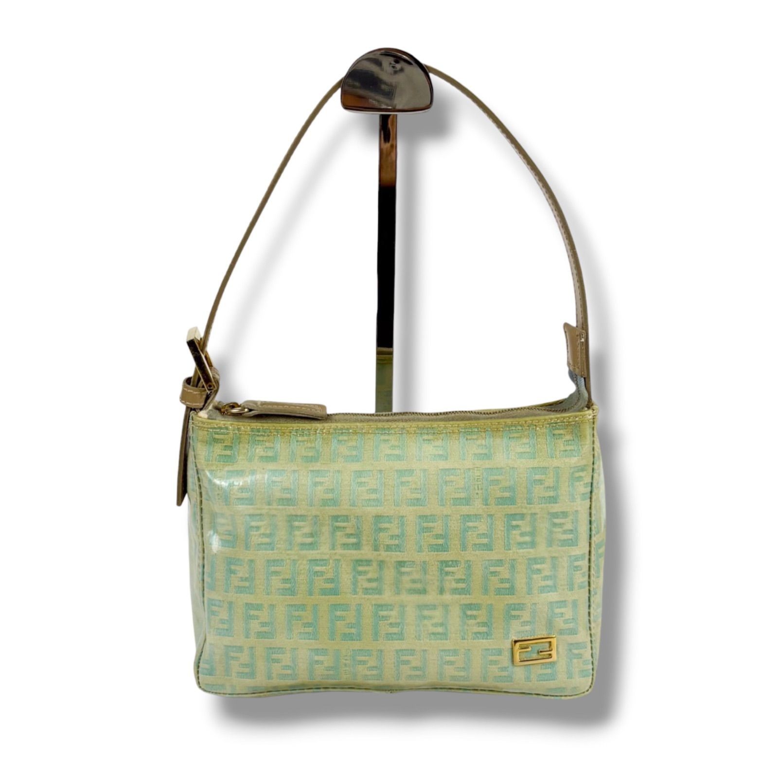 Fendi Zucchino Mini Handbag Pouch PVC Canvas Light Blue Green FF 19cm x 14cm