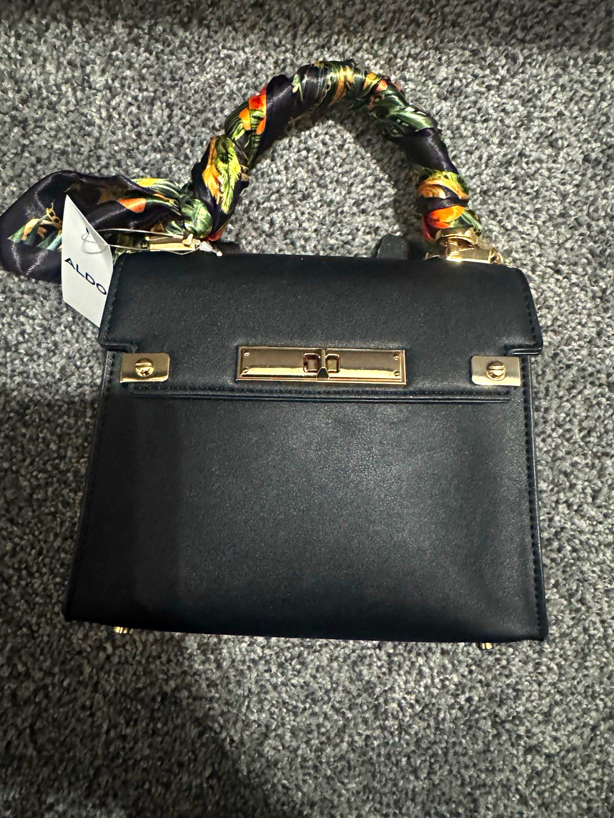 ALDO Small Black Top Handle Bag, Scarf Handle, Gold Hardware, Turn Lock