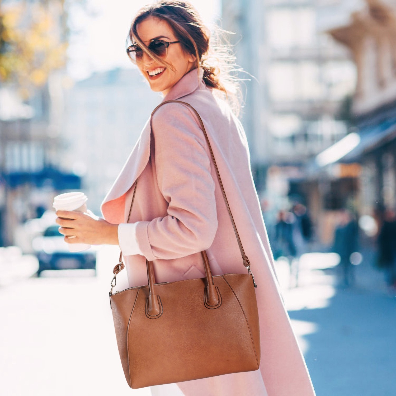 Caramel Brown‌ Handbag Shoulder Bag PU Leather Zipper Tote Bag Satchel for Women
