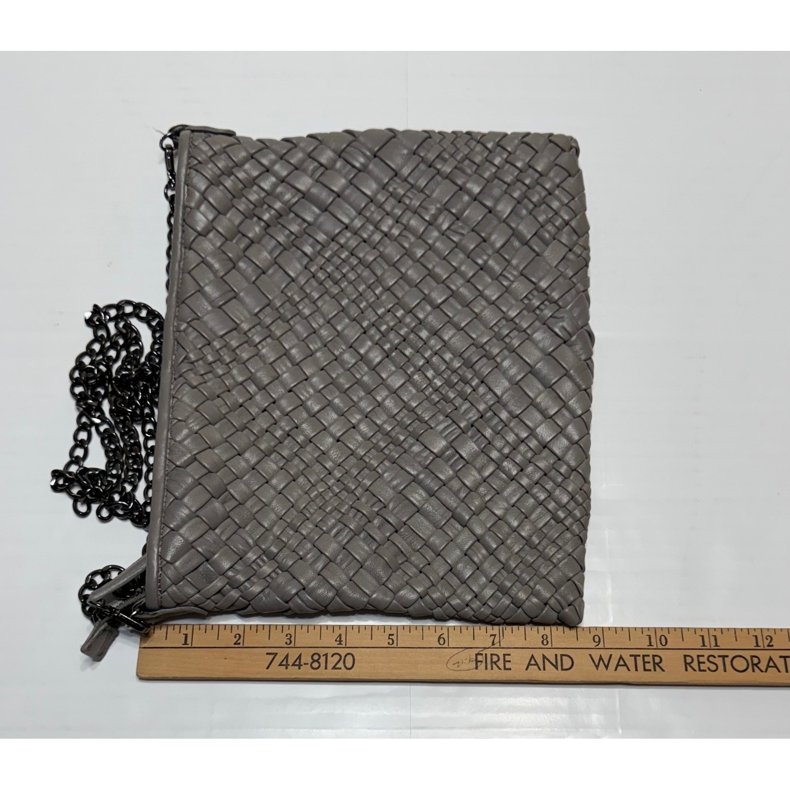 Falor Italia Woven Leather Crossbody Bag Grey Gunmetal Chain Made in Italy