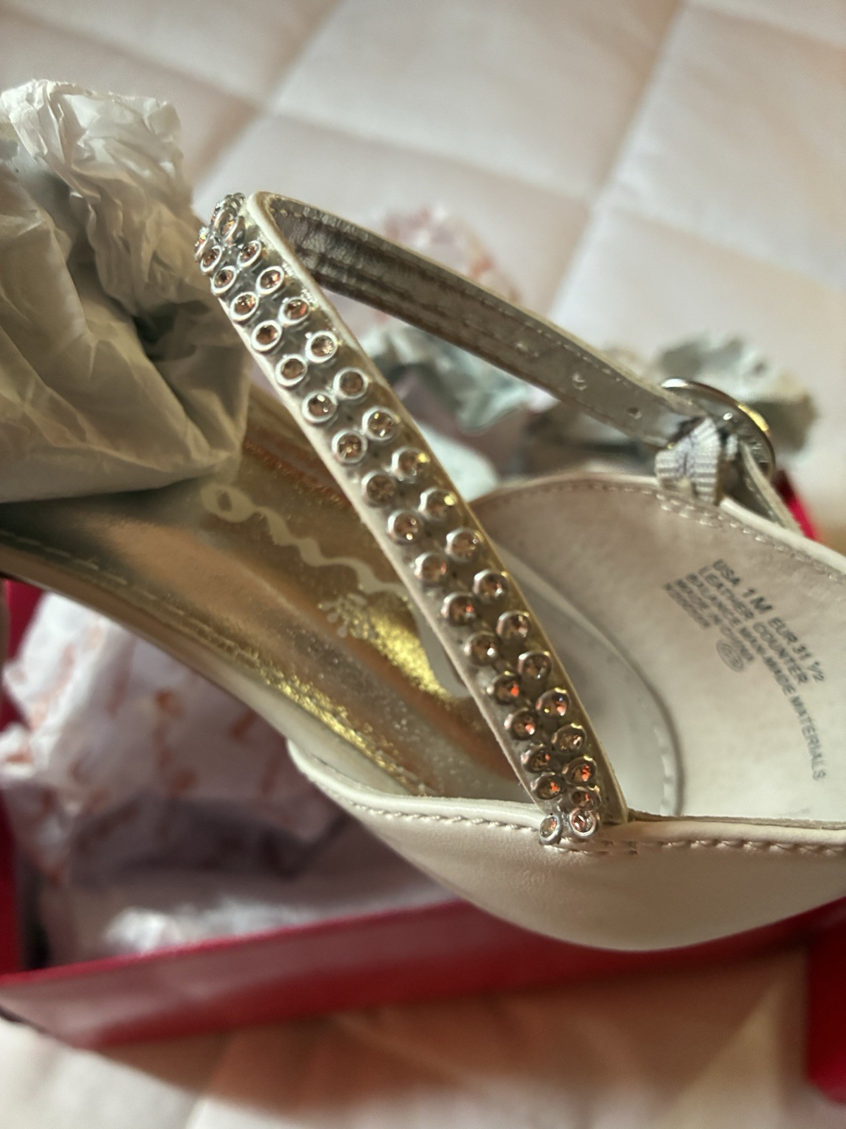 Nina White Leather Little Big Girl Shoes Rhinestone Mary Jane Heel Non Marking 1