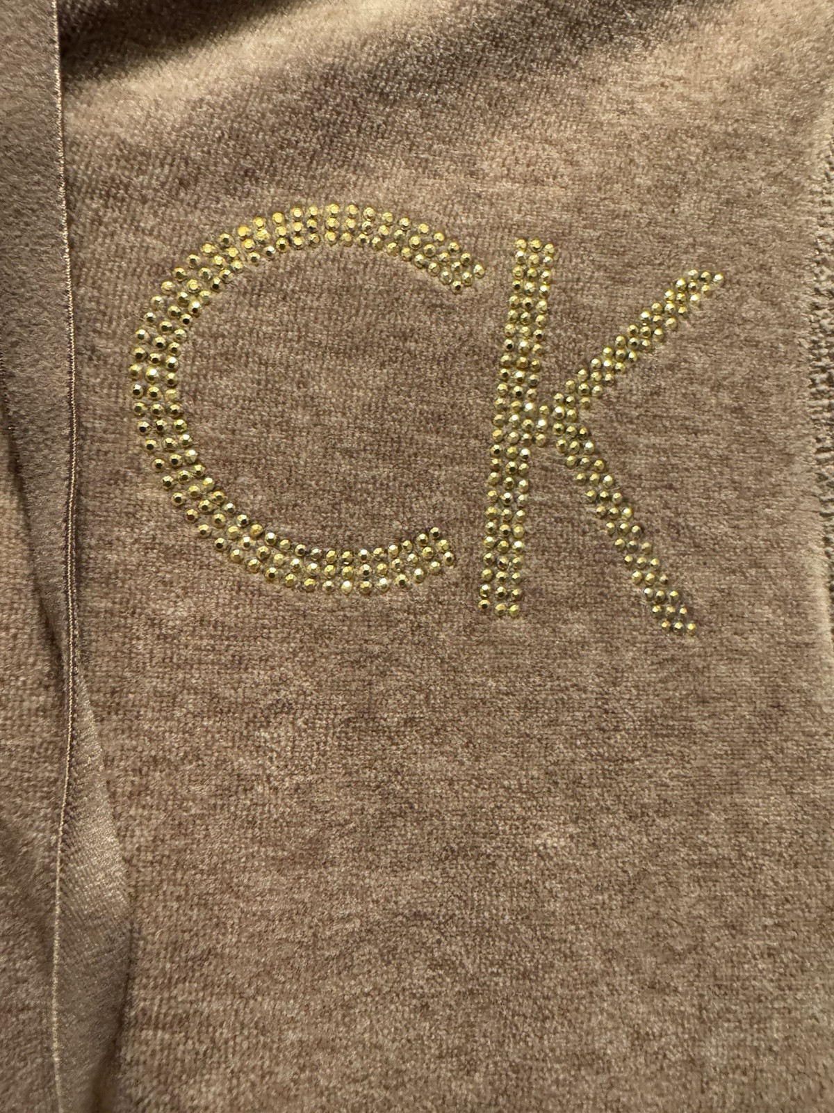 Calvin Klein Womens Velour Hoodie M Brown Rhinestone Logo Zip Up Jacket Soft