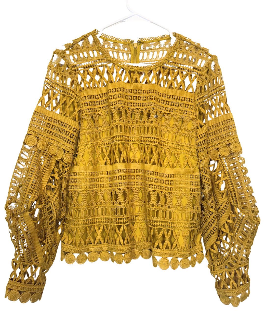 A. Moss Womens Medium Mustard Lace Crochet Blouse Long Sleeve Boho Top Lined