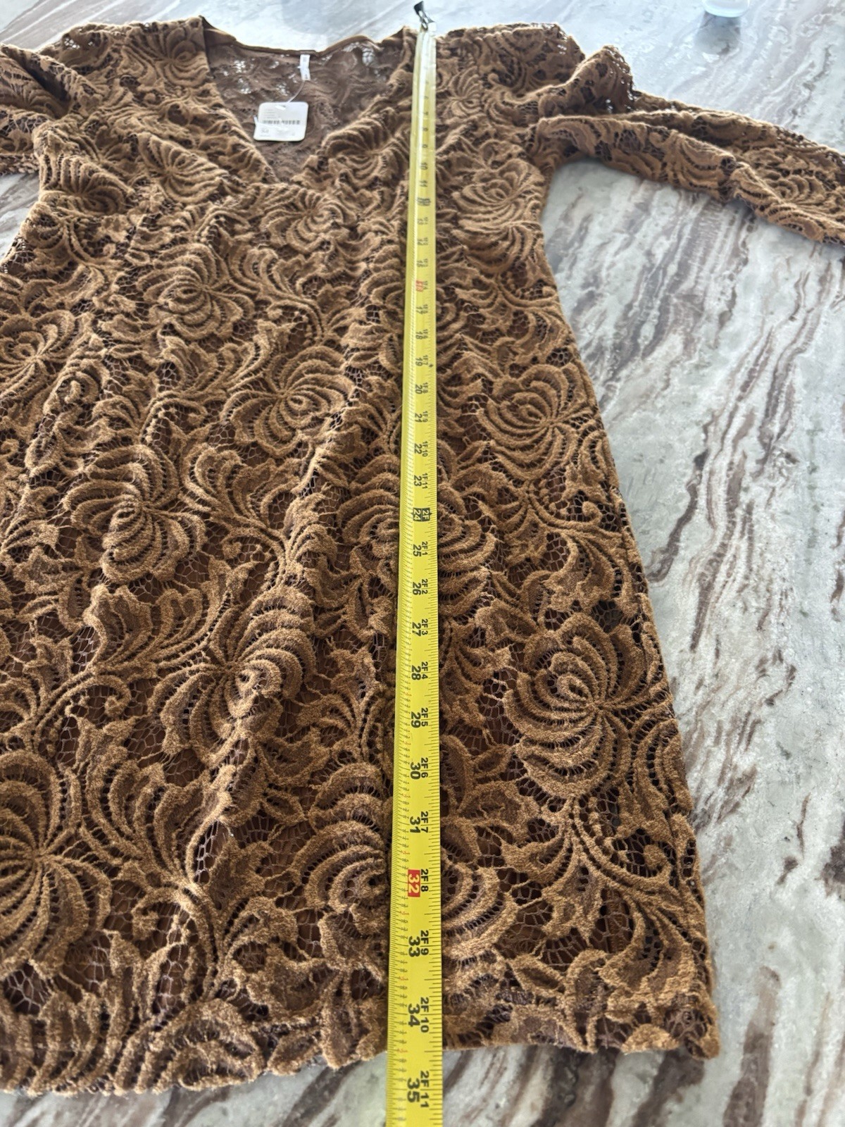 🤎Free People Lace Dress Medium Brown Caramel Floral Sheer Sleeve Boho Romantic