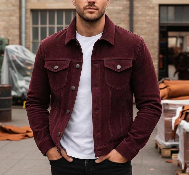 Vintage Multi Colors Suede Leather Trucker Jacket Slim Fit Western Outerwear