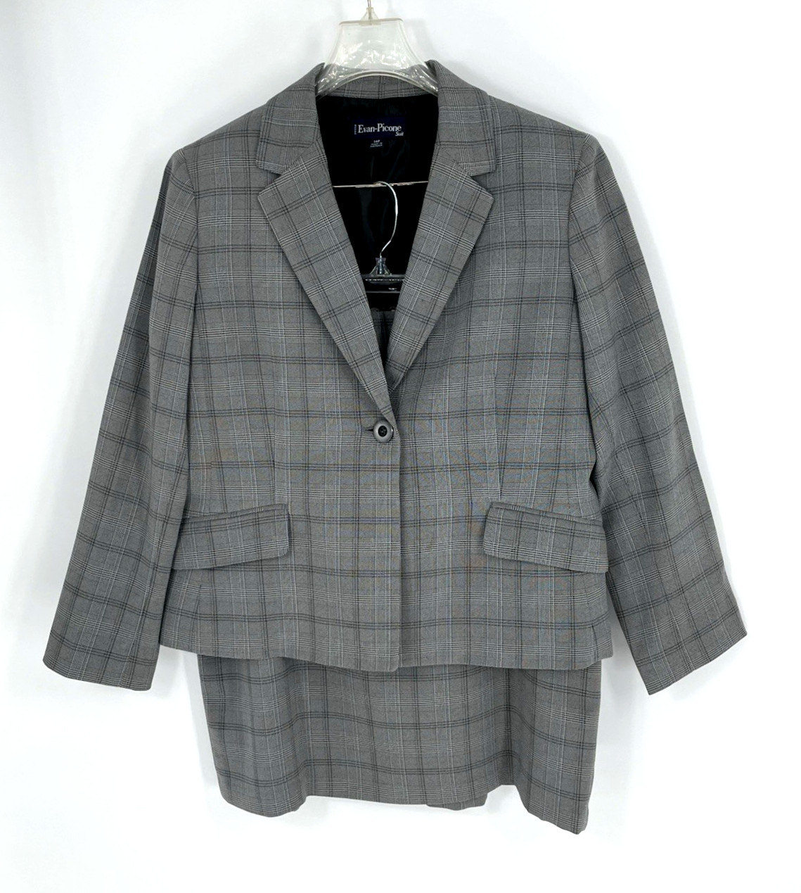 Evan Picone Womens 14P Skirt Suit Gray Window Pane Plaid Pattern One Button