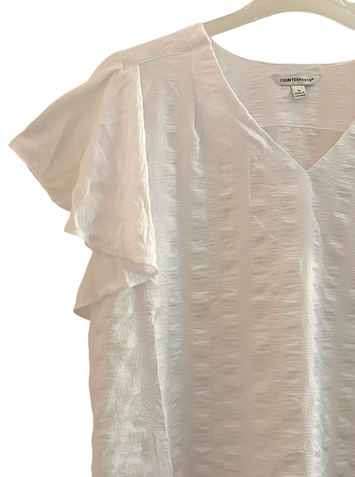 Counterparts White Textured V-Neck Top Blouse Flutter Sleeves XL Peasant Beach