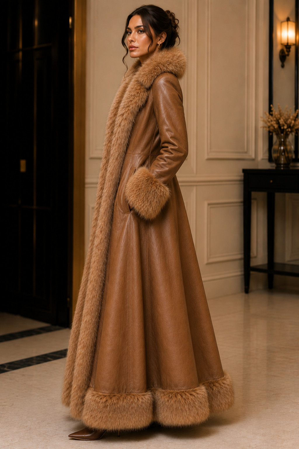 Womens Brown Leather Long Coat – Faux Fur Winter – Collar Trim Designer Overcoat
