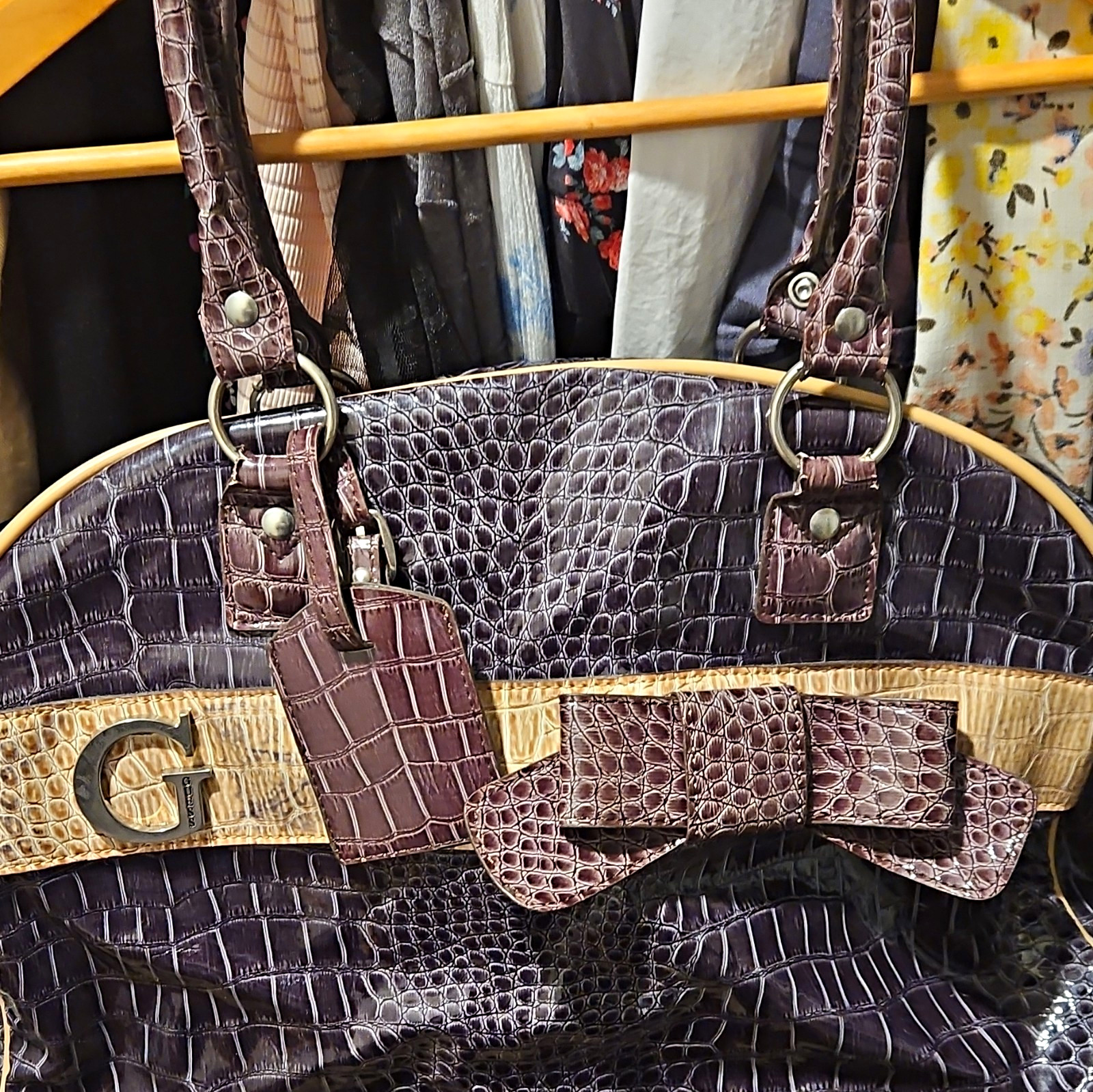 GUESS Brown Croc Embossed Satchel Top Handle Zip Closure Bow Double Handles