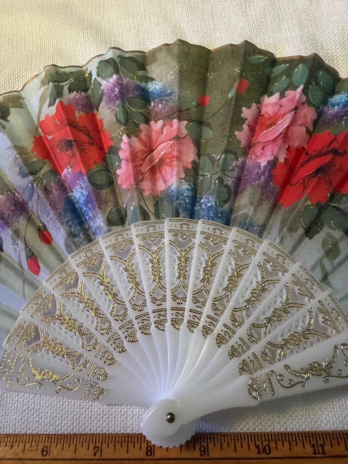 Vtg Giner Hand Fan Floral Flower Pink Wild Rose Wisteria Fabric Plastic Spain