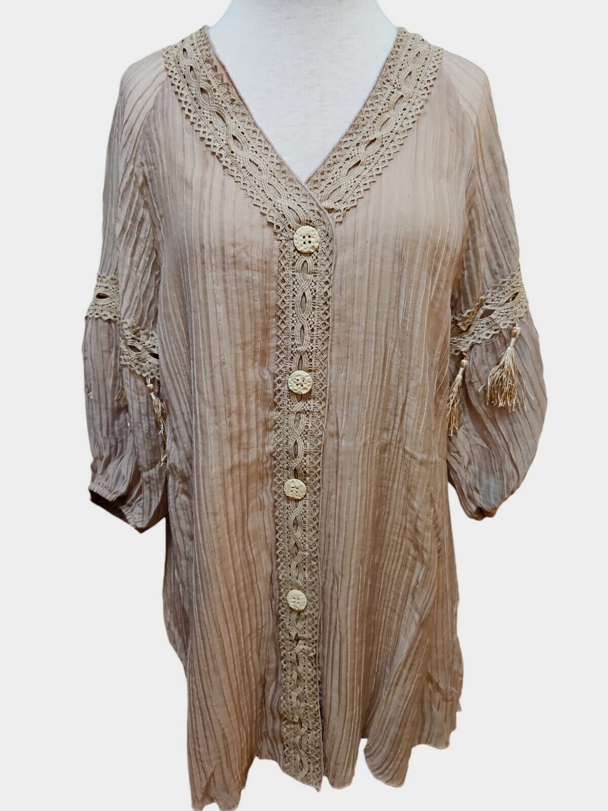 Pretty Angel Blouse Womens Large Tan Brown 3/4 Sleeve Fringe V Neck Bohemian New