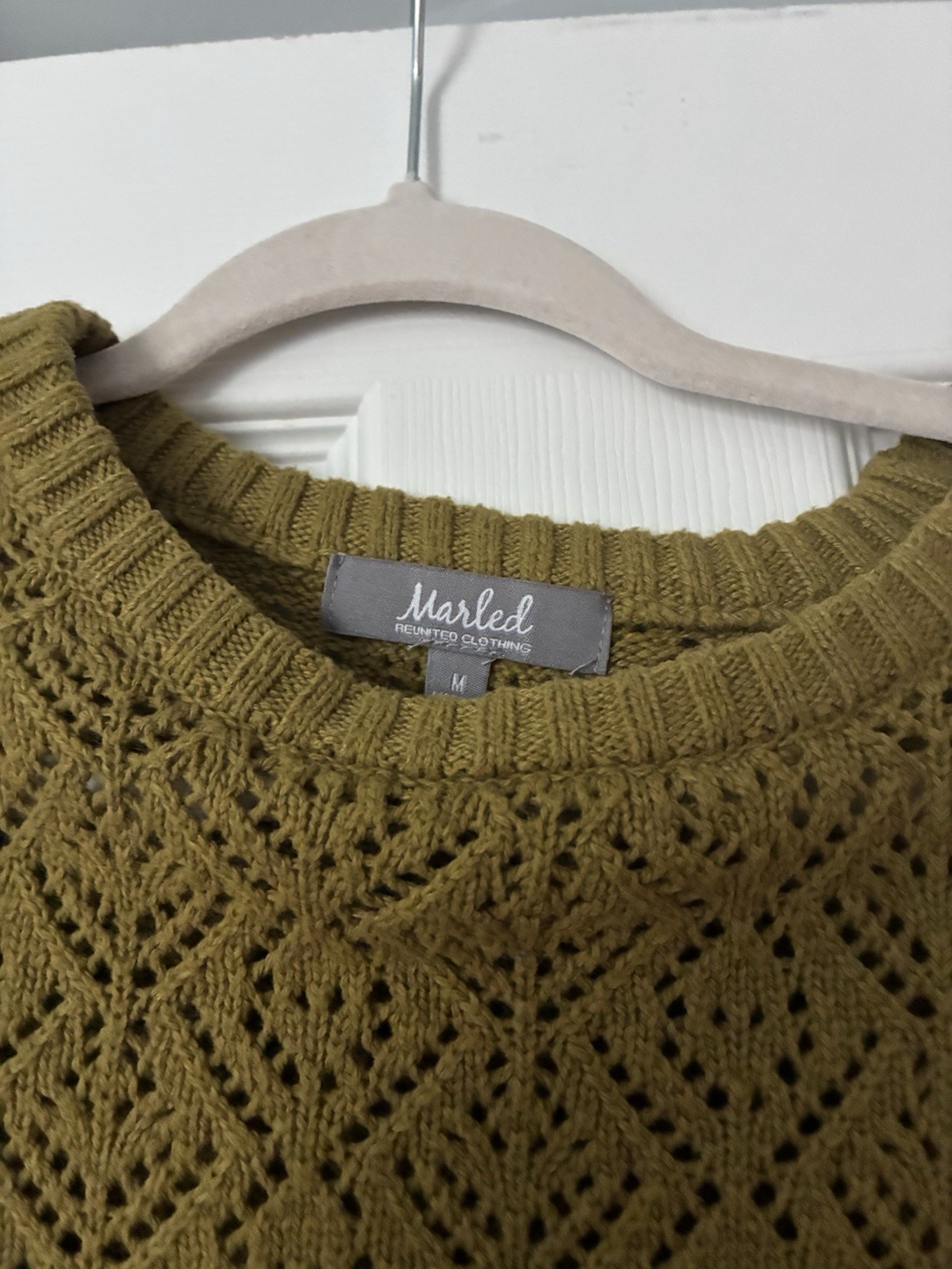 Marled Olive Green Openwork Knit Pullover Sweater M Crew Neck Short Sleeve