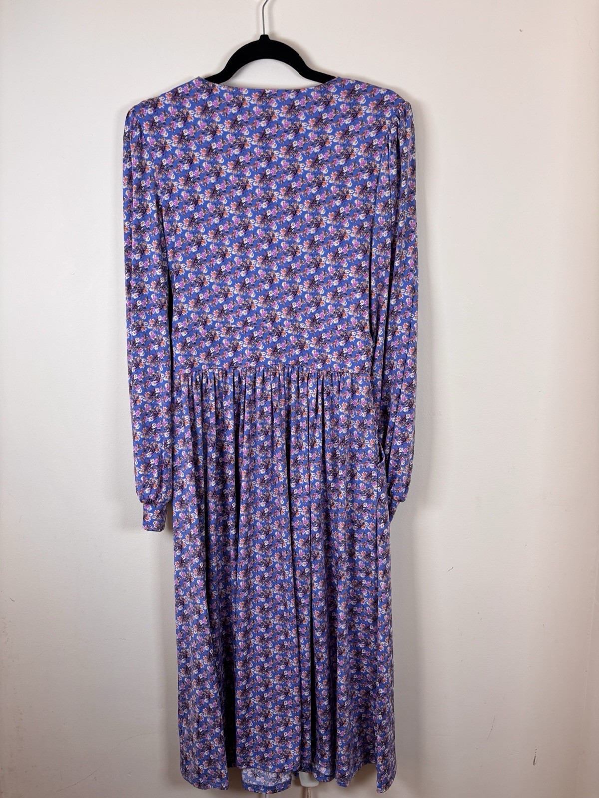 Jolie Moi UK 12 Tea Dress Stretchy Long Sleeved Blue Purple Floral Faux Wrap