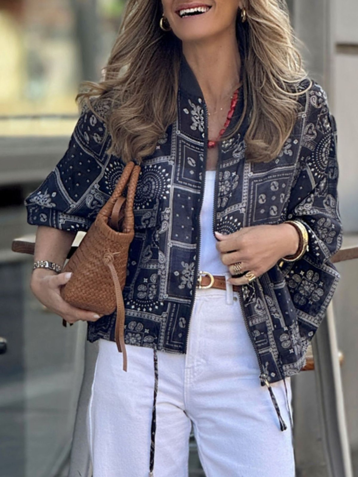 Moya – Women’s Printed Zip Up Tie Detail Casual Lightweight Jacket