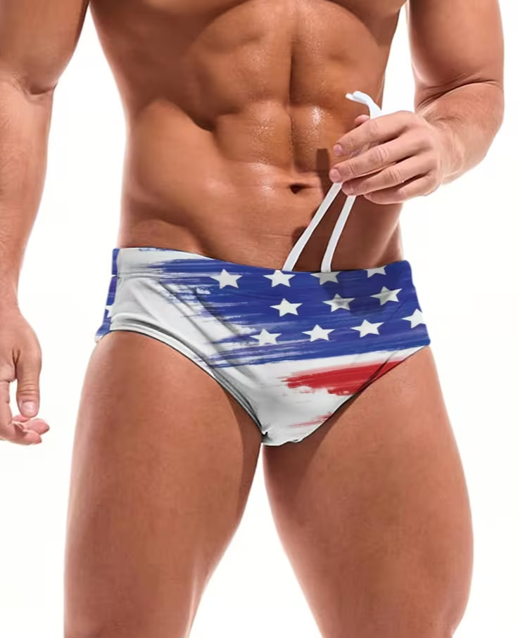 American Patriot US Flag Style Men’s Swim Briefs w/Drawstring. Large 34″-36″