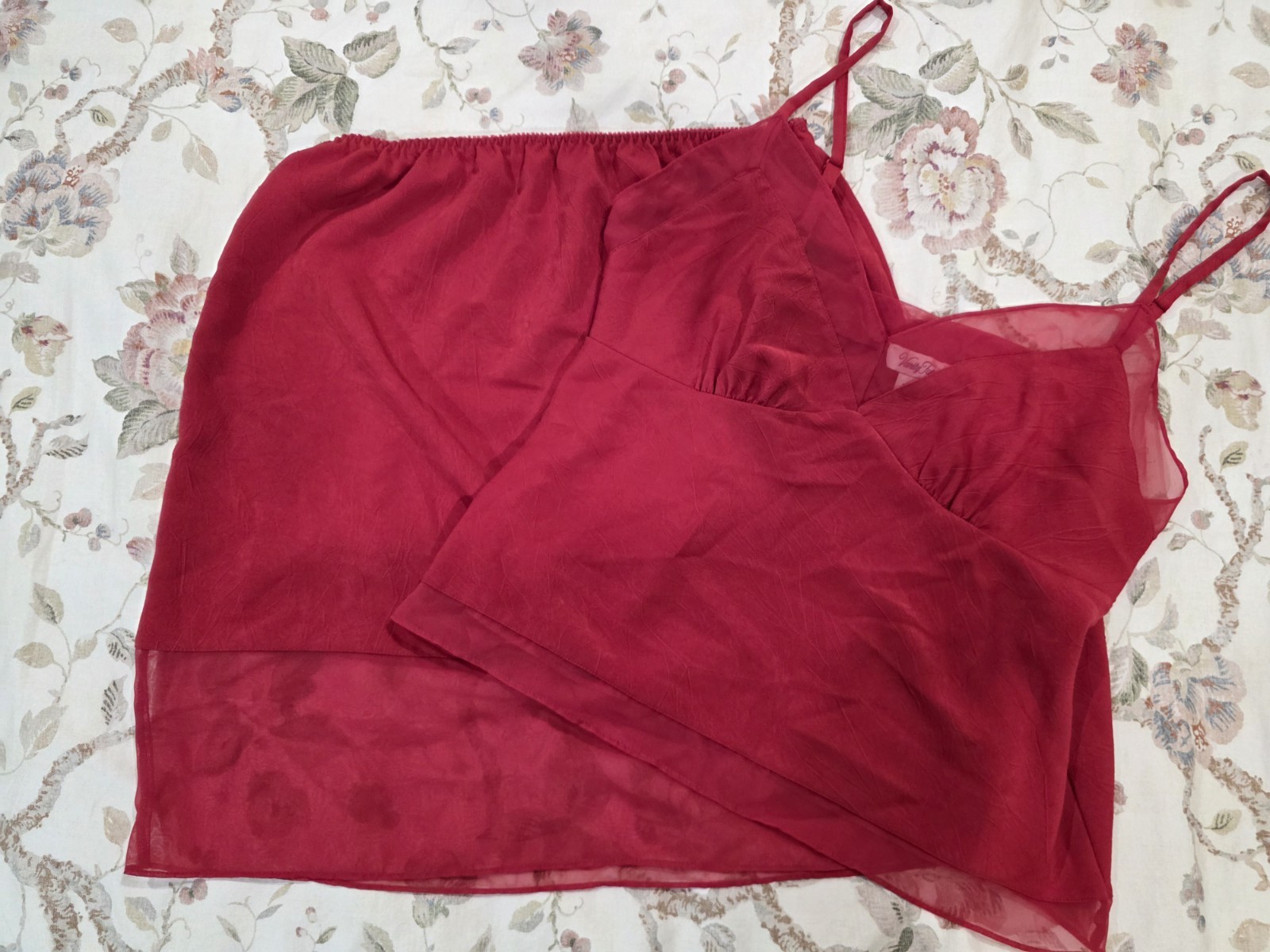 Vintage Vanity Fair Red Camisole Slip Skirt 2 Piece Set Sheer Trim Sz 38 Medium