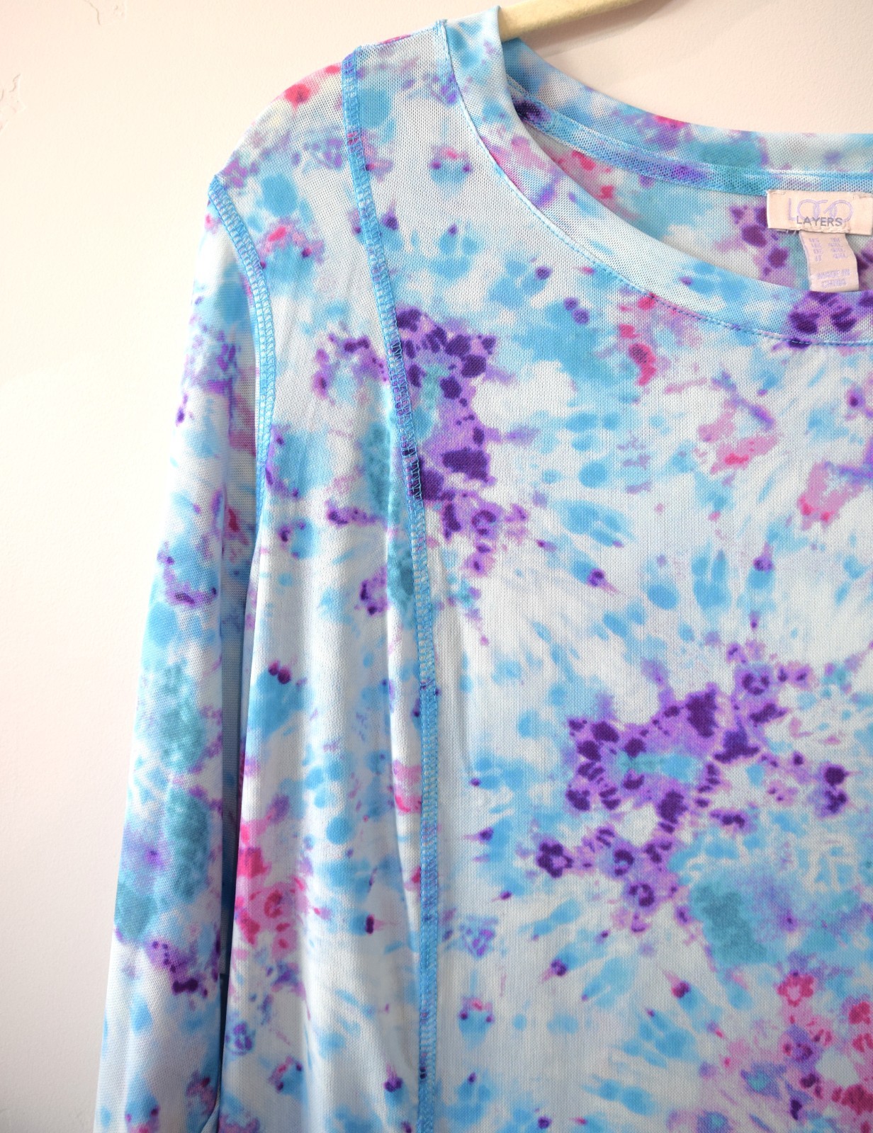 LOGO Layers Lori Goldstein Blue Pink Purple Abstract Tight Knit Mesh Top Plus 3X