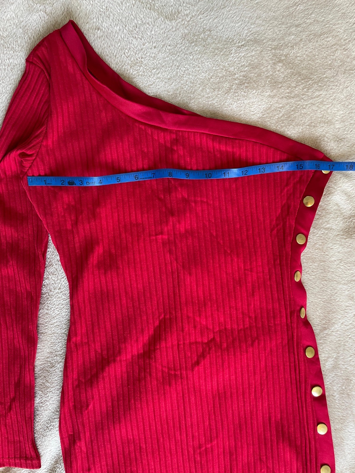 New Without Tag Red One Shoulder Bodycon Rib Knit Dress with Gold Button Detail