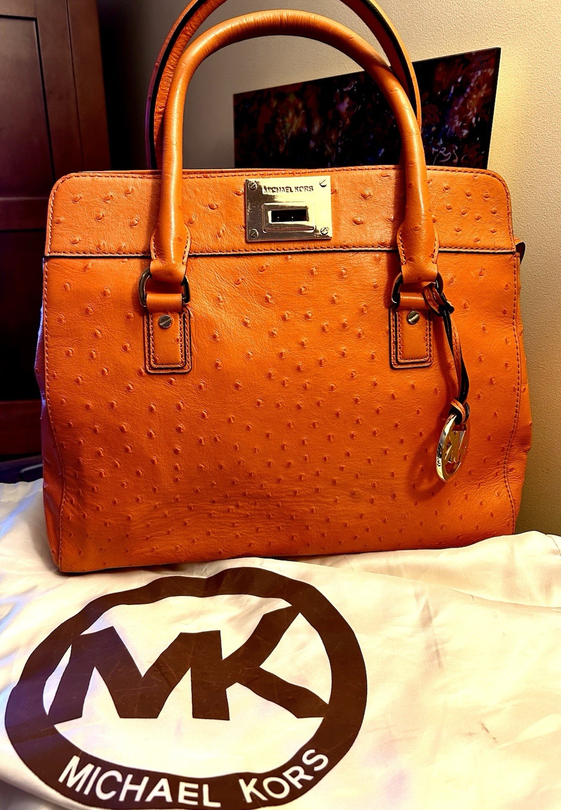 Michael Kors Orange Ostrich Satchel Top Handle Double Handles Gold Push Lock