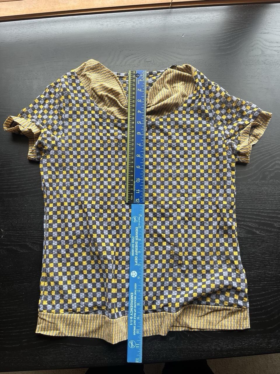 Quirky Vintage Size L Yellow & Black Mixed Pattern Cowl Neck Button Textured Top