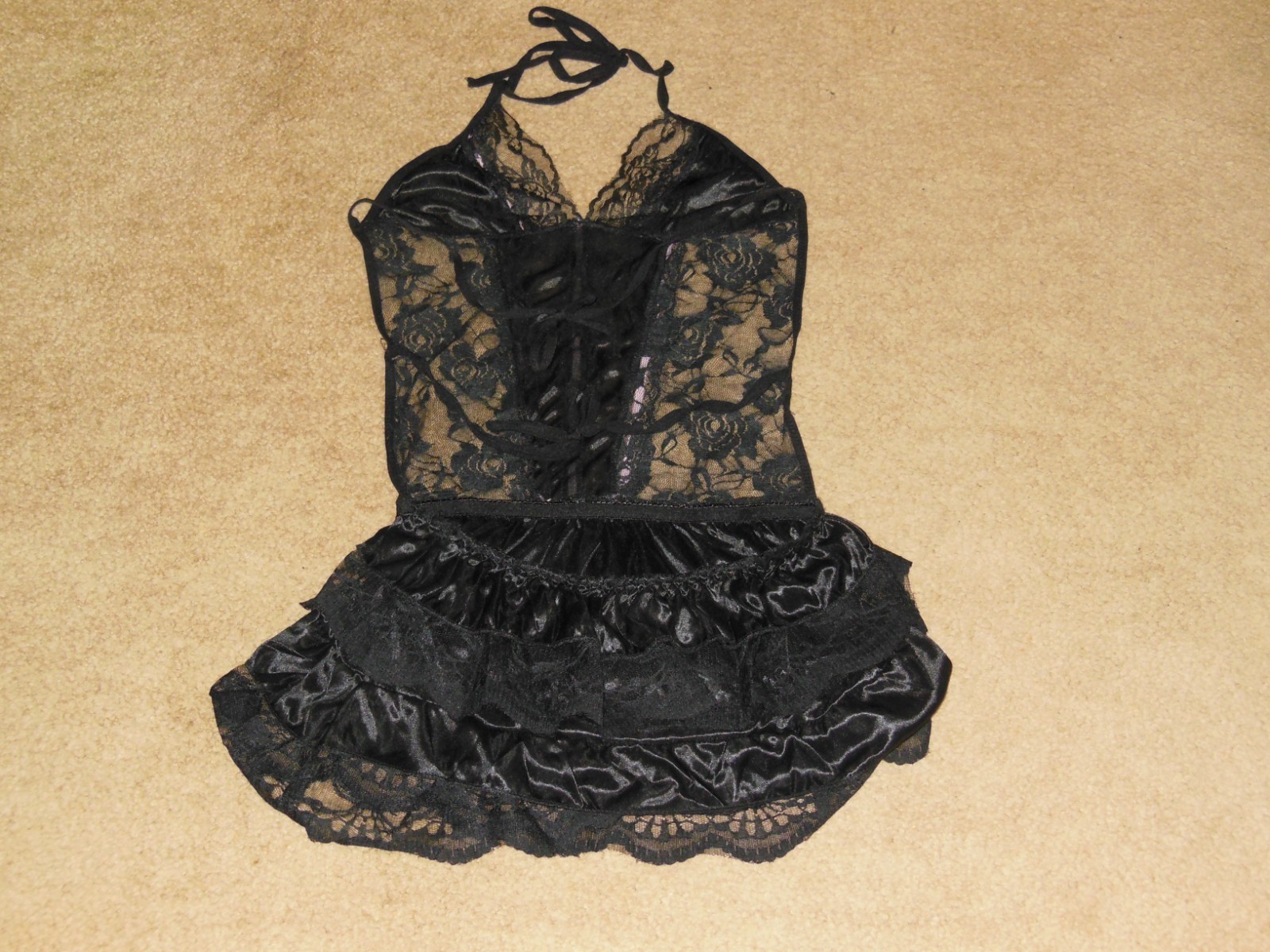 Black Lace Babydoll Lingerie Set Pink Ribbon Ruffle Chemise Dress Size M