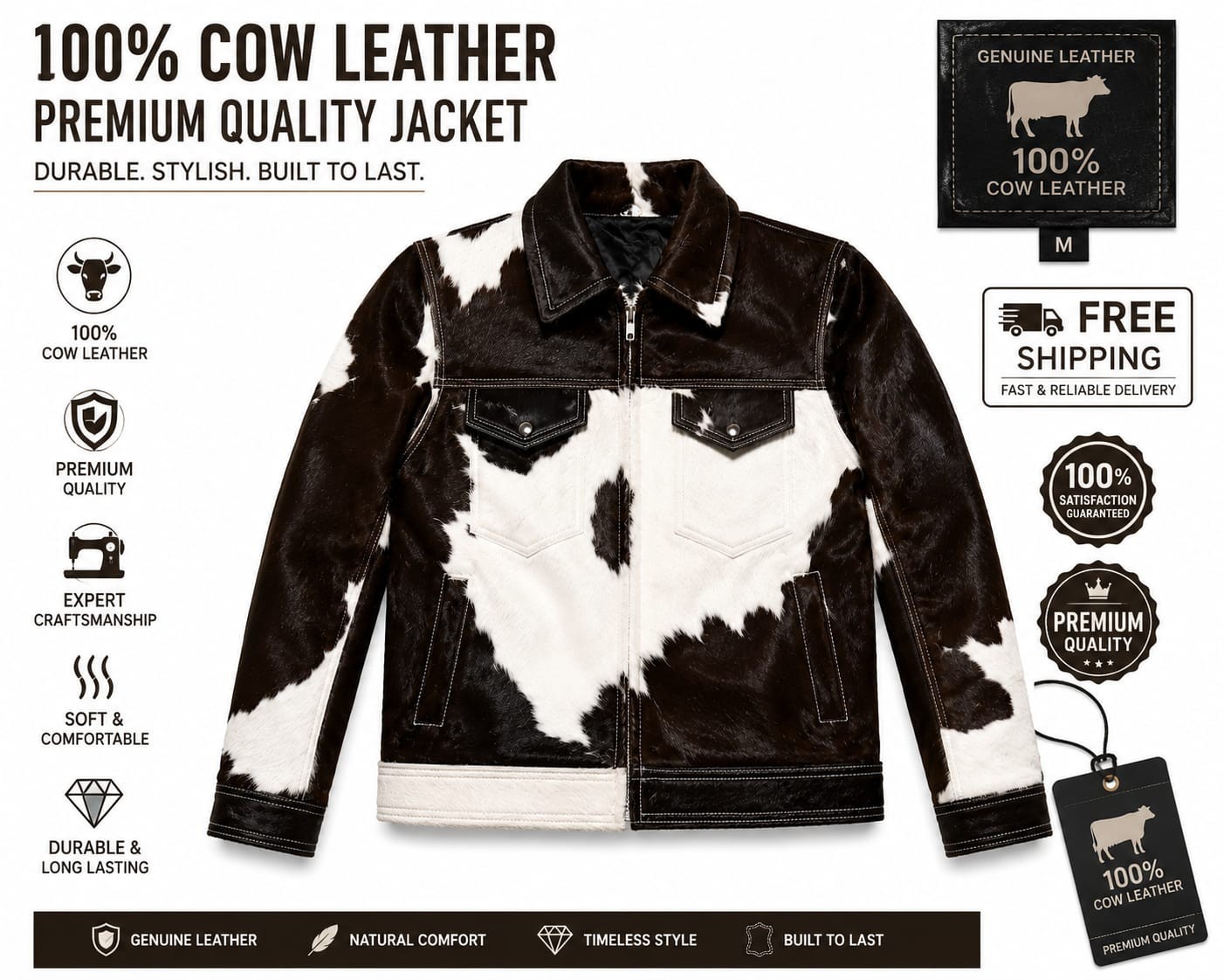 Men Real Cowhide Leather Jacket Hair On Hide Western Cowboy Trucker Biker Coat