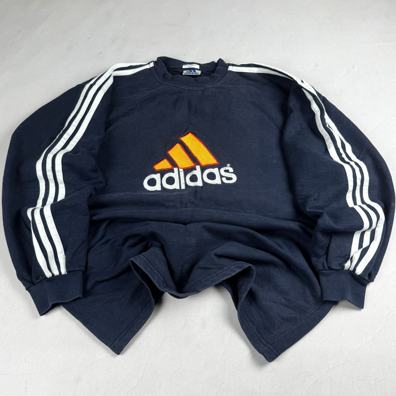 Mens Vintage Adidas Big Logo Three Stripe Crewneck Sweatshirt Navy Orange Sports