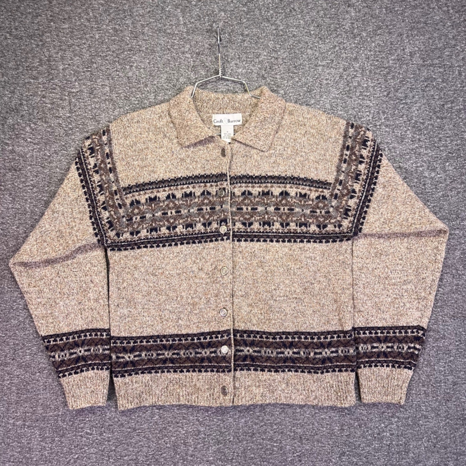 Croft & Barrow Wool Cardigan Womens Small Tan Fair Isle Button Casual Collared