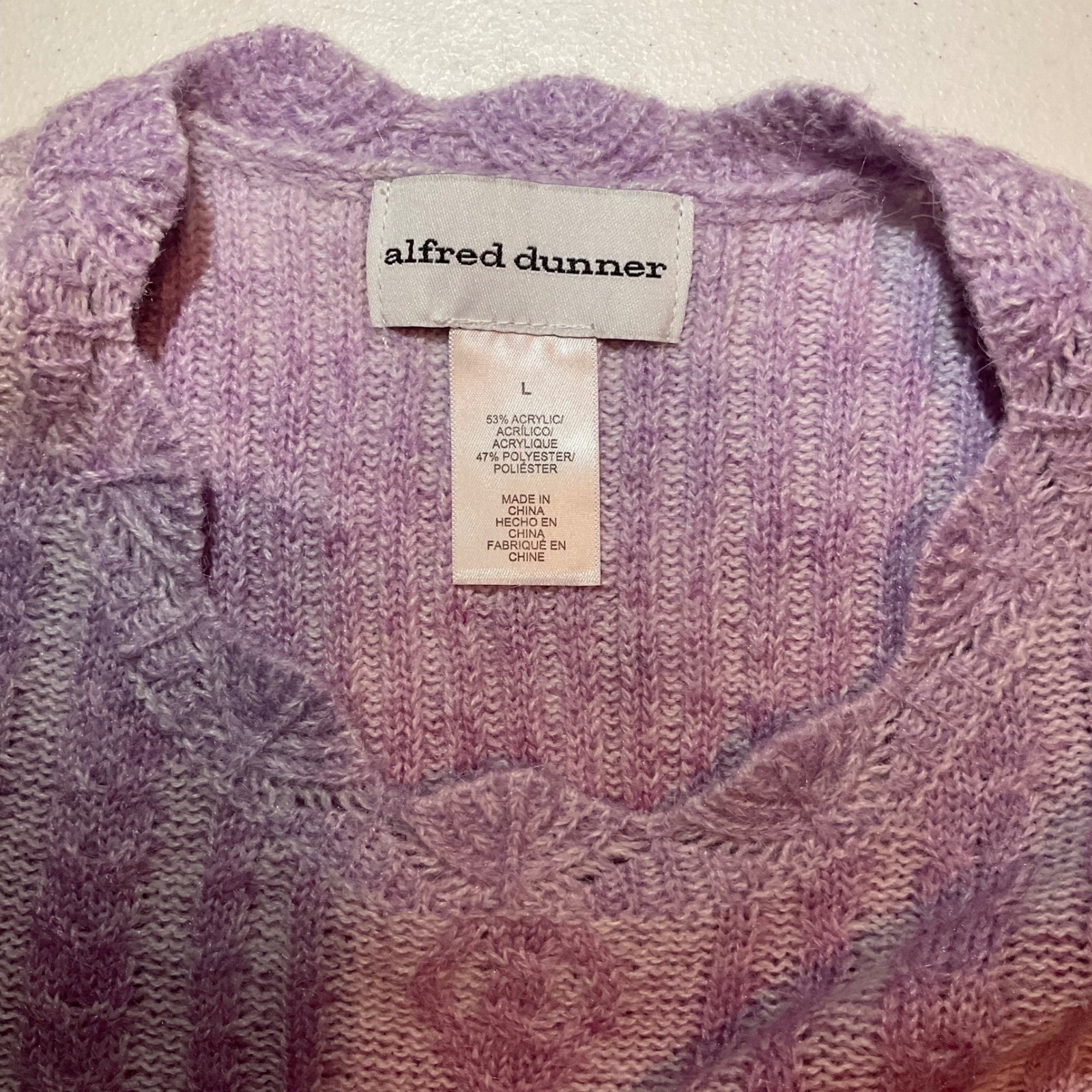 Alfred Dunner Womens Large Purple Ombre Cable Knit Scalloped Crewneck Sweater