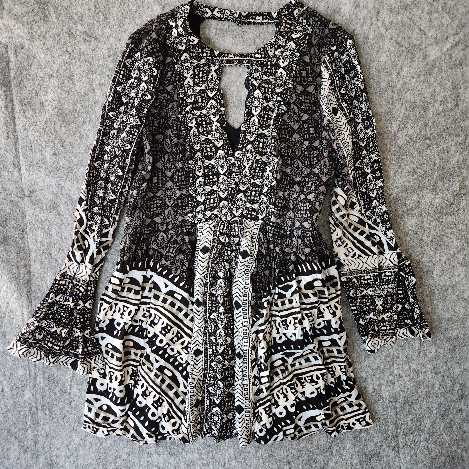 Free People Tegan Boarder Mini Dress Women’s 12 Black Gray Fairy Whimsigoth Bell