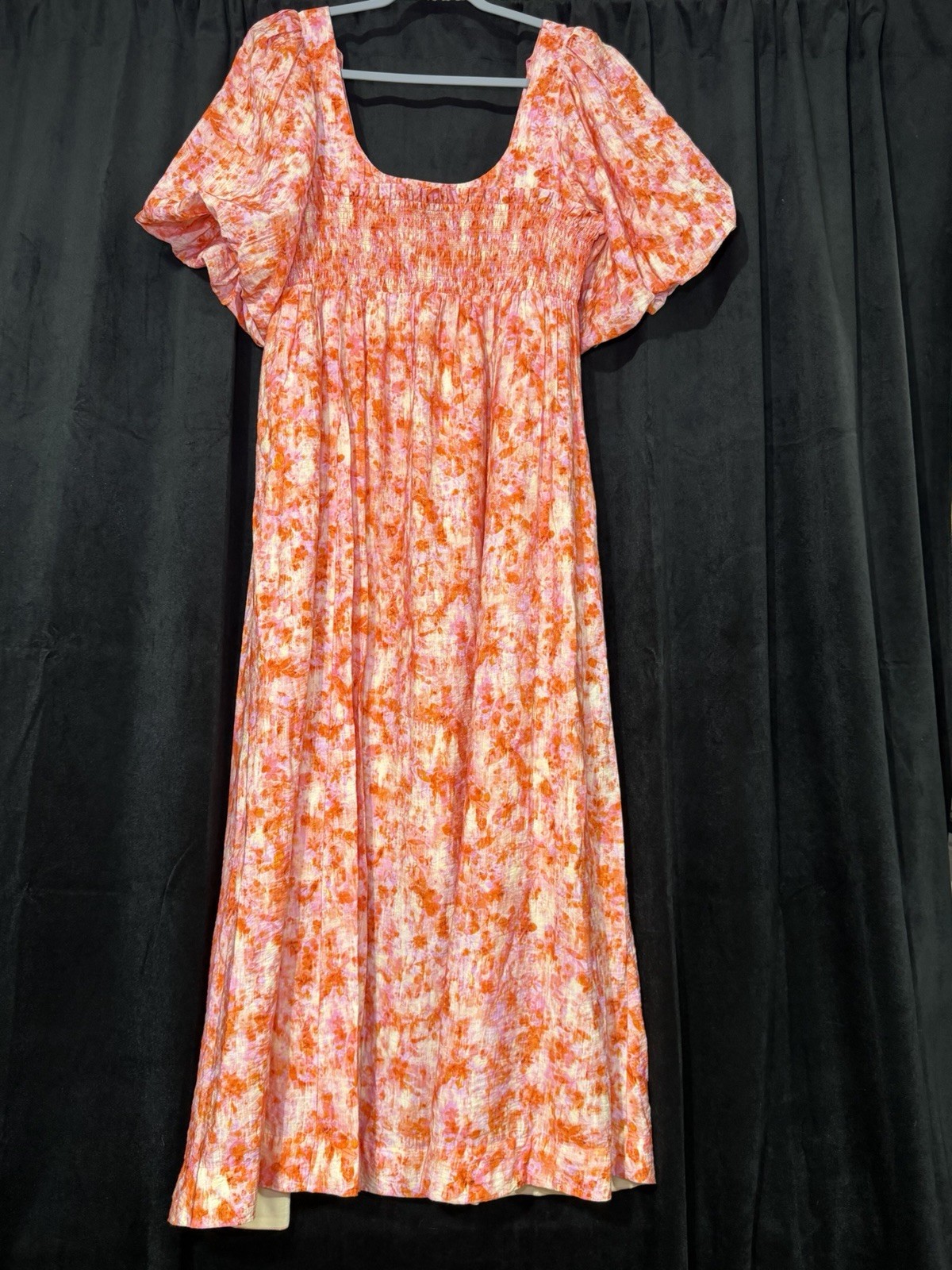 Anthropologie Orange Pink Floral Puff Sleeve Midi Dress Women’s Medium NWOT